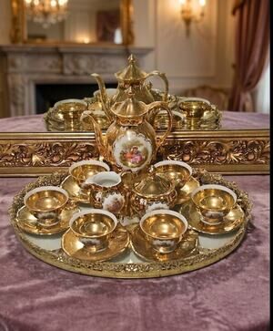 Vintage Bavaria Germany Jean-Honoré Fragonard Style 24k Denitasse Tea Set 17pc